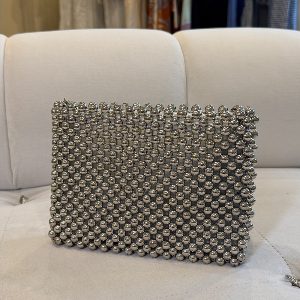 Elegant Silver Beaded Clutch with Strap